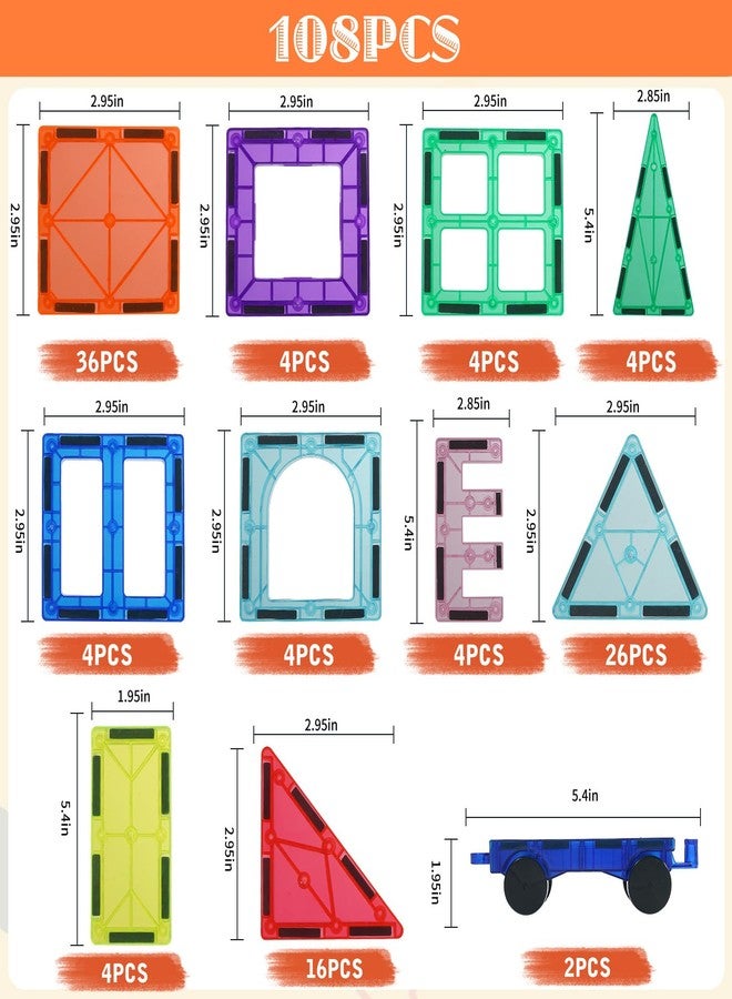 Cutedeer 108 Piece Magnetic Tiles, Magnet Building Blocks Set for Kids Toddlers, STEM Construction Toys with Gift Box for All Ages Boys Girls - Image 5